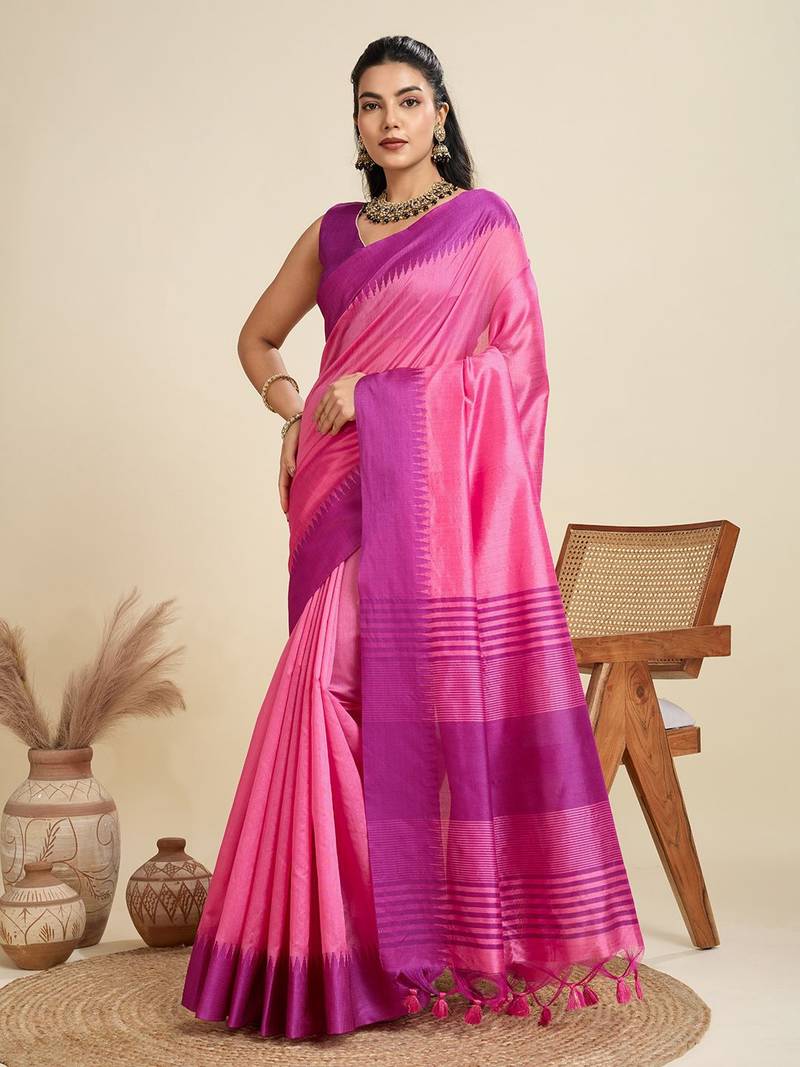 Solid Contrast Temple Border Raw Silk Saree with Striped Zari Woven Detail