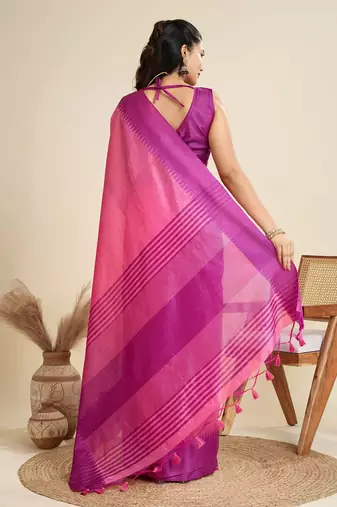 Solid Contrast Temple Border Raw Silk Saree with Striped Zari Woven Detail