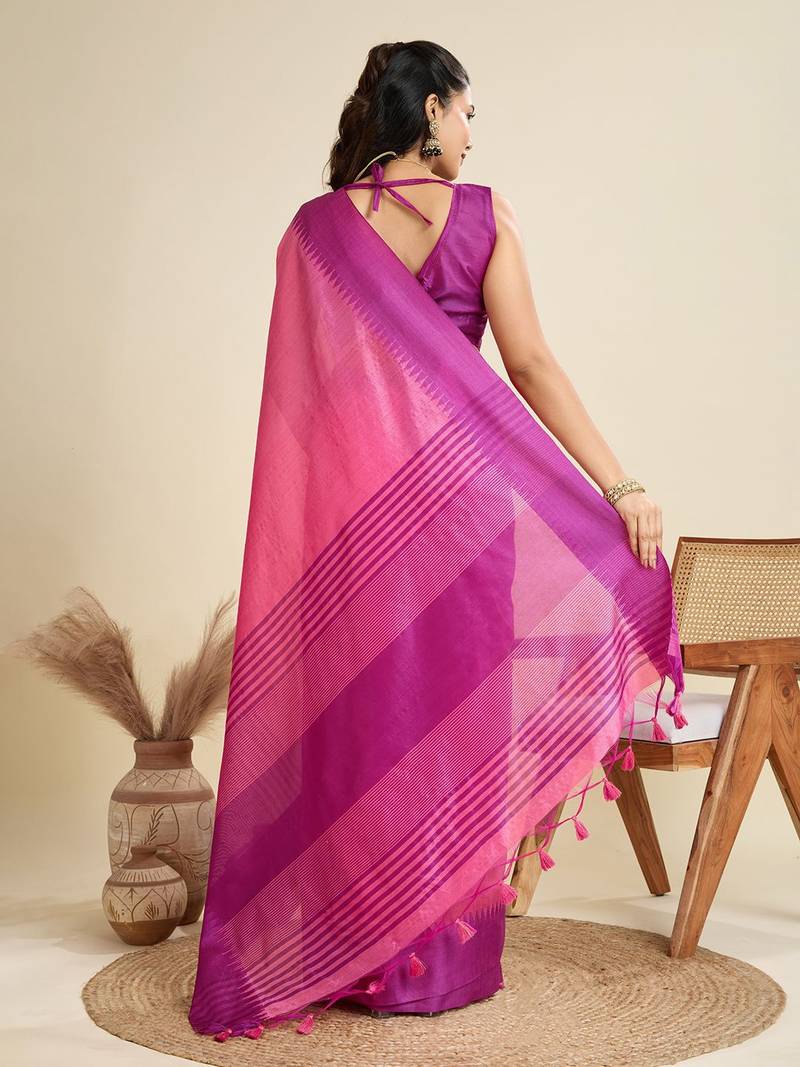 Solid Contrast Temple Border Raw Silk Saree with Striped Zari Woven Detail