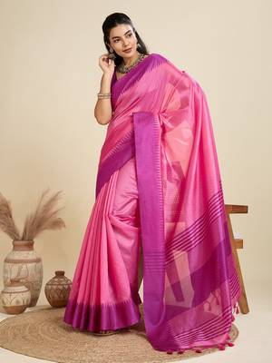 Solid Contrast Temple Border Raw Silk Saree with Striped Zari Woven Detail 4