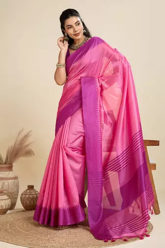 Solid Contrast Temple Border Raw Silk Saree with Striped Zari Woven Detail