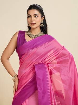 Solid Contrast Temple Border Raw Silk Saree with Striped Zari Woven Detail 5