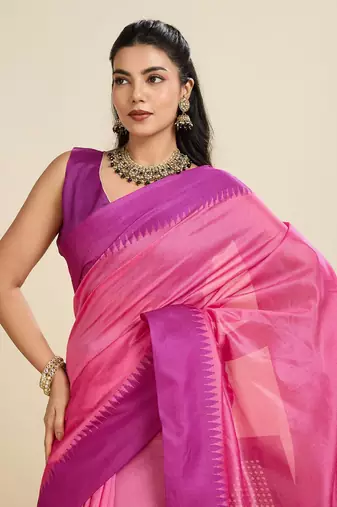 Solid Contrast Temple Border Raw Silk Saree with Striped Zari Woven Detail