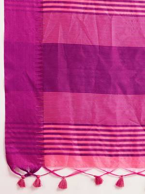 Solid Contrast Temple Border Raw Silk Saree with Striped Zari Woven Detail 6