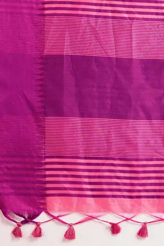 Solid Contrast Temple Border Raw Silk Saree with Striped Zari Woven Detail