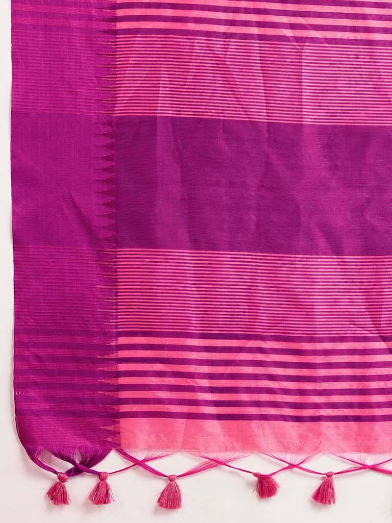 Solid Contrast Temple Border Raw Silk Saree with Striped Zari Woven Detail