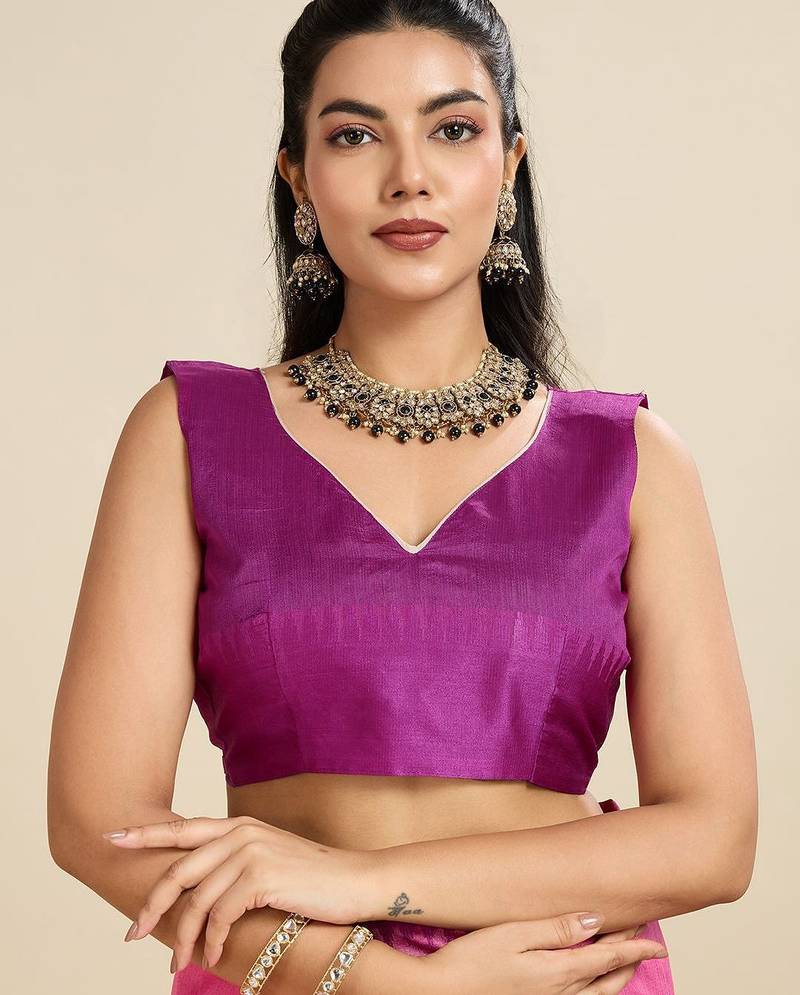 Solid Contrast Temple Border Raw Silk Saree with Striped Zari Woven Detail