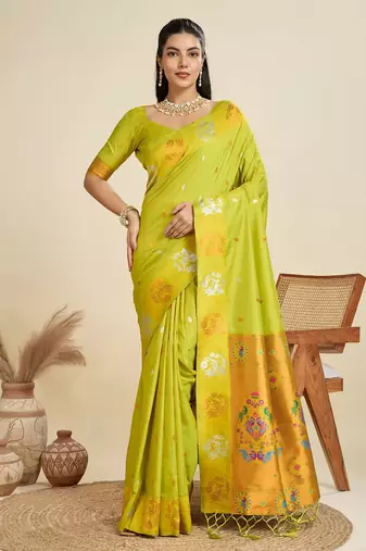 Copper Silver Zari Woven Butti Banarasi Silk Saree with Paithani Border