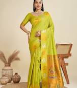 Copper Silver Zari Woven Butti Banarasi Silk Saree with Paithani Border
