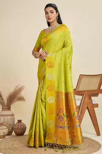 Copper Silver Zari Woven Butti Banarasi Silk Saree with Paithani Border