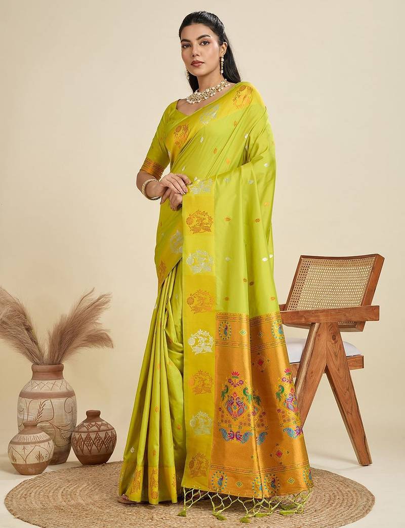 Copper Silver Zari Woven Butti Banarasi Silk Saree with Paithani Border