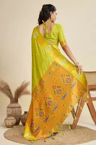Copper Silver Zari Woven Butti Banarasi Silk Saree with Paithani Border