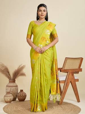 Copper Silver Zari Woven Butti Banarasi Silk Saree with Paithani Border 4
