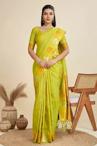 Copper Silver Zari Woven Butti Banarasi Silk Saree with Paithani Border