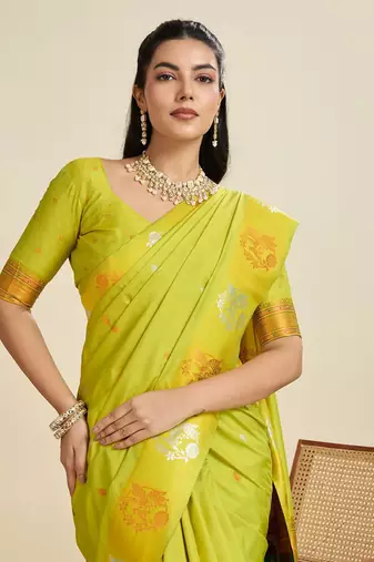 Copper Silver Zari Woven Butti Banarasi Silk Saree with Paithani Border