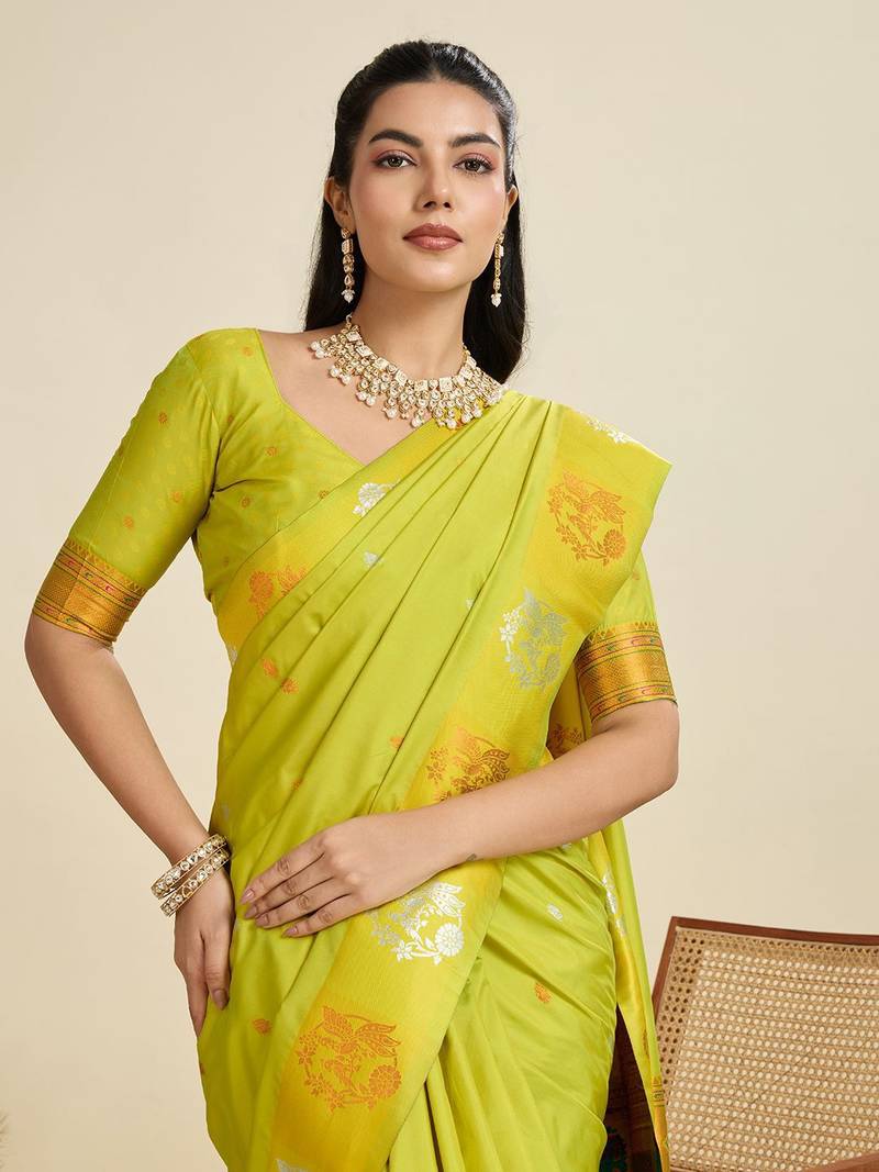 Copper Silver Zari Woven Butti Banarasi Silk Saree with Paithani Border