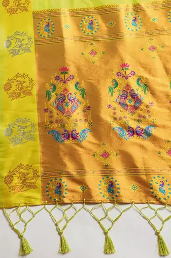 Copper Silver Zari Woven Butti Banarasi Silk Saree with Paithani Border