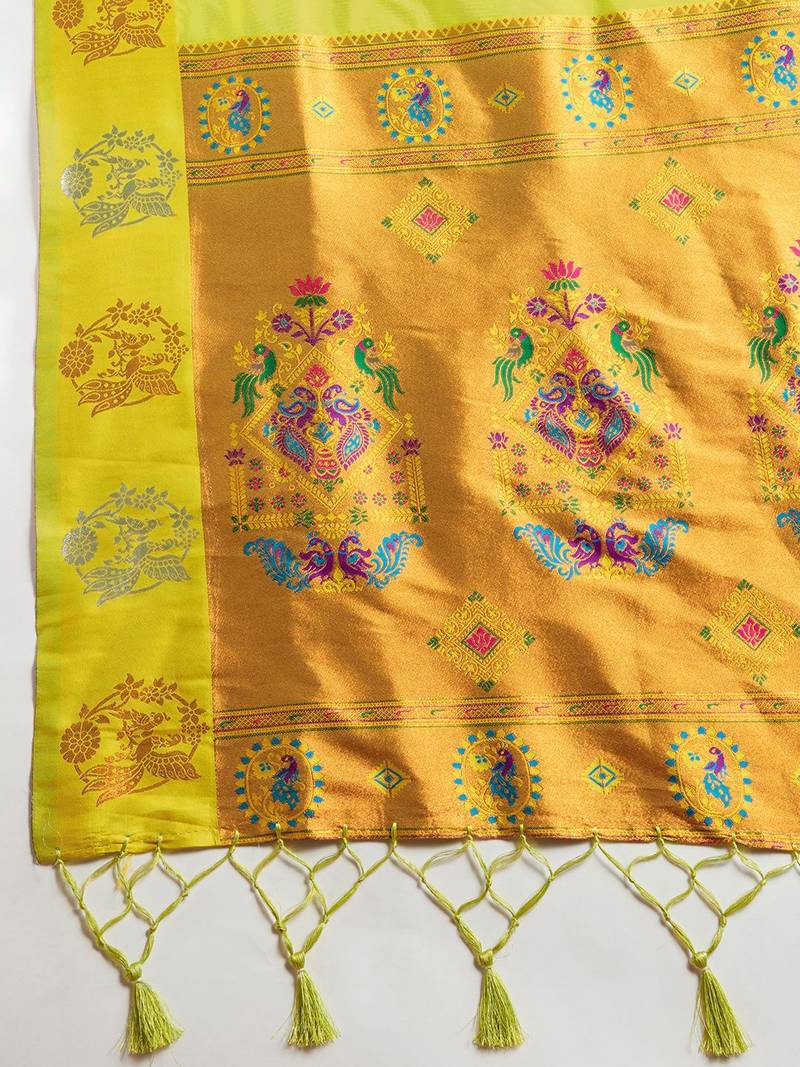 Copper Silver Zari Woven Butti Banarasi Silk Saree with Paithani Border