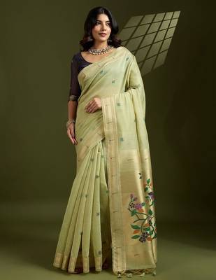 Thread Woven Flower Butti Muga Cotton Saree with Muniya Border Paithani Zari Detail 1