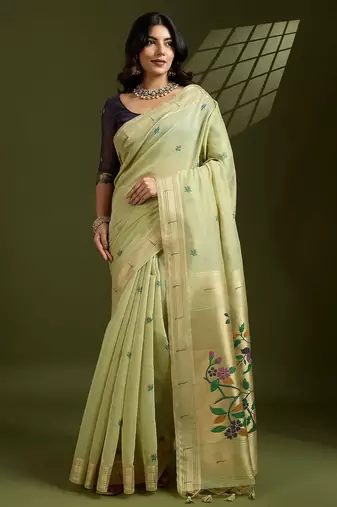 Thread Woven Flower Butti Muga Cotton Saree with Muniya Border Paithani Zari Detail