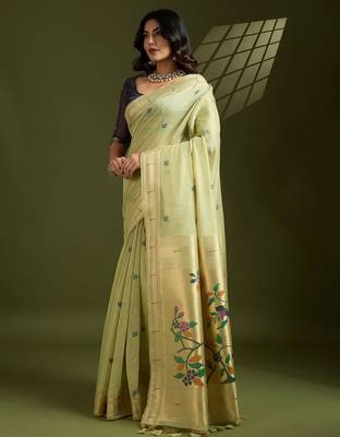 Thread Woven Flower Butti Muga Cotton Saree with Muniya Border Paithani Zari Detail 2