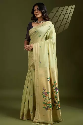 Thread Woven Flower Butti Muga Cotton Saree with Muniya Border Paithani Zari Detail