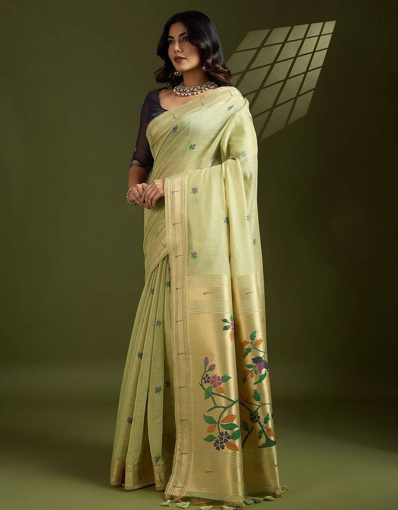 Thread Woven Flower Butti Muga Cotton Saree with Muniya Border Paithani Zari Detail