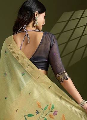 Thread Woven Flower Butti Muga Cotton Saree with Muniya Border Paithani Zari Detail 3