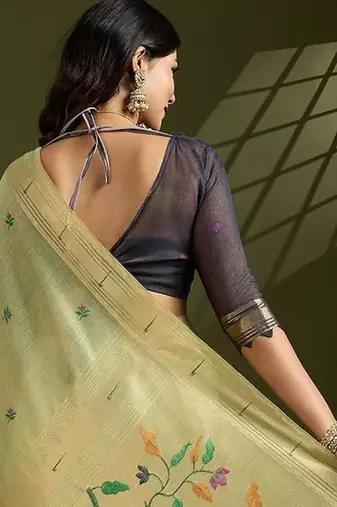 Thread Woven Flower Butti Muga Cotton Saree with Muniya Border Paithani Zari Detail