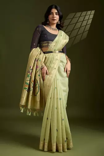 Thread Woven Flower Butti Muga Cotton Saree with Muniya Border Paithani Zari Detail