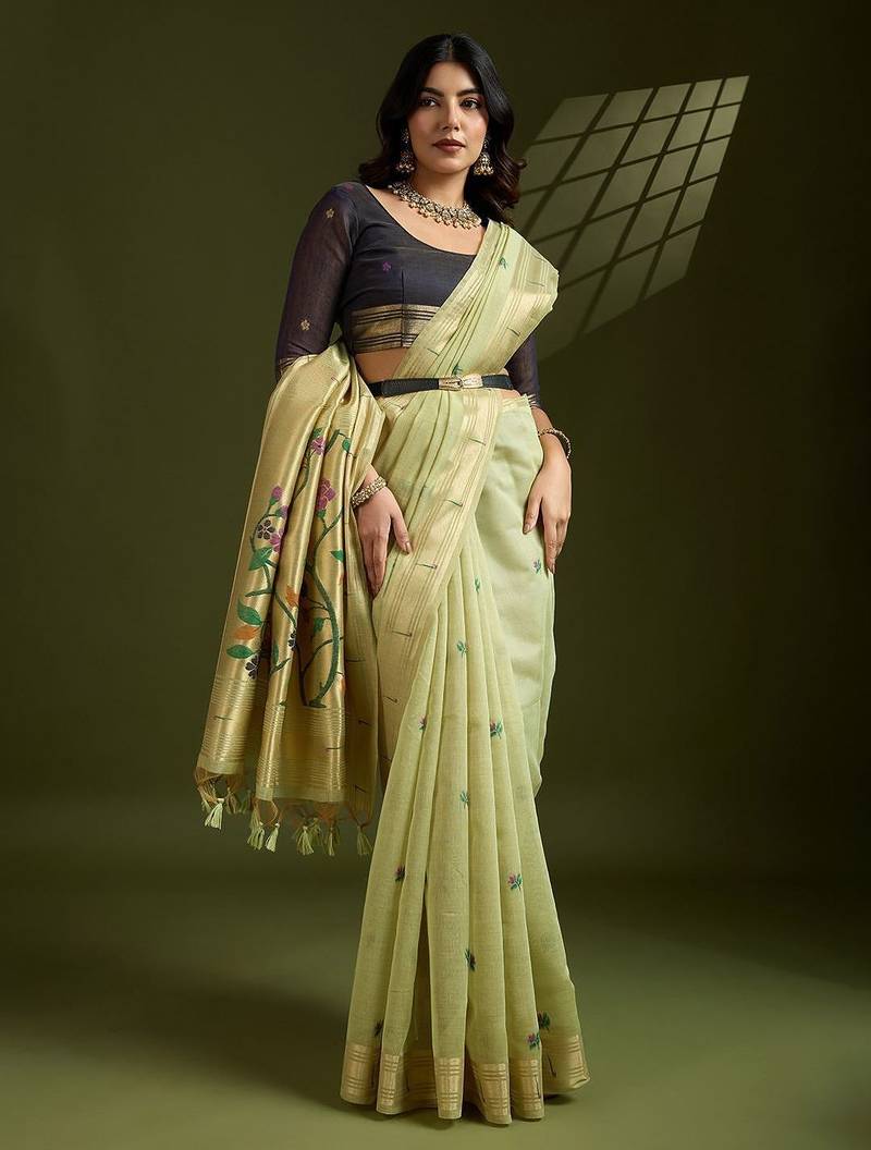 Thread Woven Flower Butti Muga Cotton Saree with Muniya Border Paithani Zari Detail