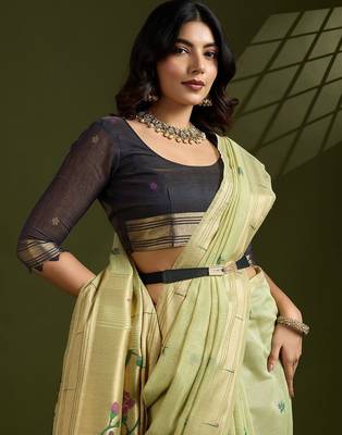 Thread Woven Flower Butti Muga Cotton Saree with Muniya Border Paithani Zari Detail 5