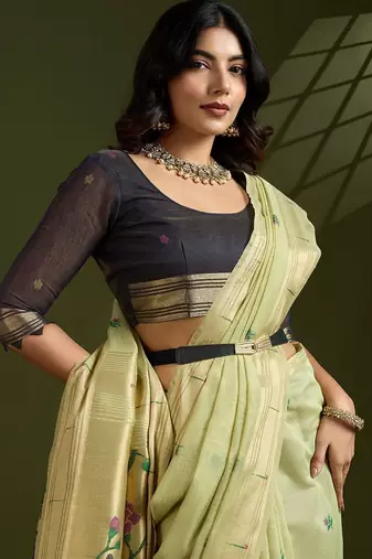 Thread Woven Flower Butti Muga Cotton Saree with Muniya Border Paithani Zari Detail