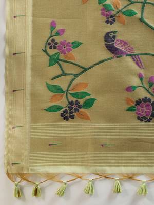 Thread Woven Flower Butti Muga Cotton Saree with Muniya Border Paithani Zari Detail 6