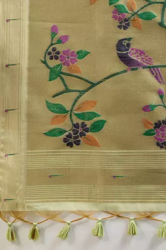 Thread Woven Flower Butti Muga Cotton Saree with Muniya Border Paithani Zari Detail