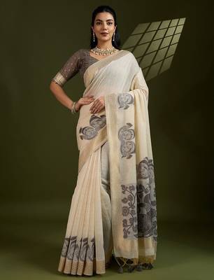 Self Checks Muga Cotton Saree with Kalamkari Border and Zari Woven Detail 1