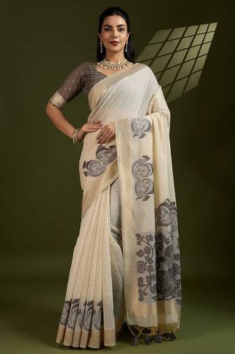 Self Checks Muga Cotton Saree with Kalamkari Border and Zari Woven Detail