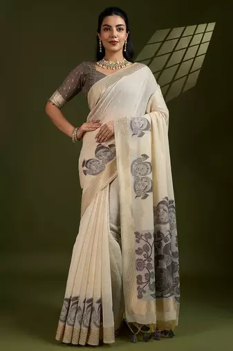 Self Checks Muga Cotton Saree with Kalamkari Border and Zari Woven Detail