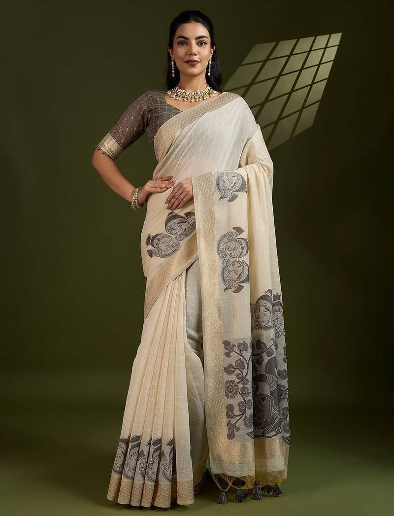 Self Checks Muga Cotton Saree with Kalamkari Border and Zari Woven Detail