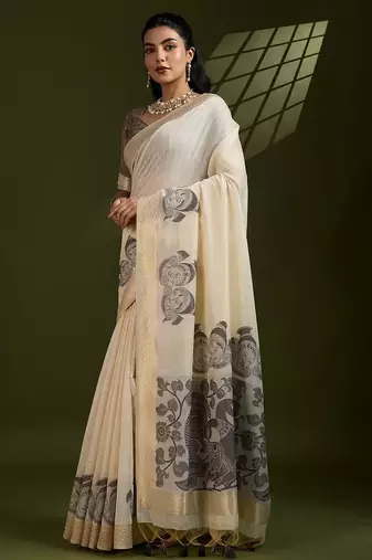 Self Checks Muga Cotton Saree with Kalamkari Border and Zari Woven Detail