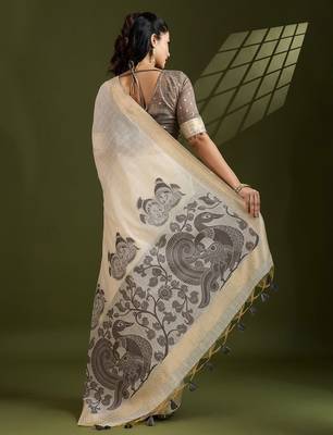 Self Checks Muga Cotton Saree with Kalamkari Border and Zari Woven Detail 3