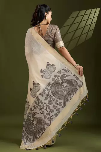 Self Checks Muga Cotton Saree with Kalamkari Border and Zari Woven Detail