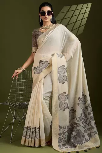Self Checks Muga Cotton Saree with Kalamkari Border and Zari Woven Detail