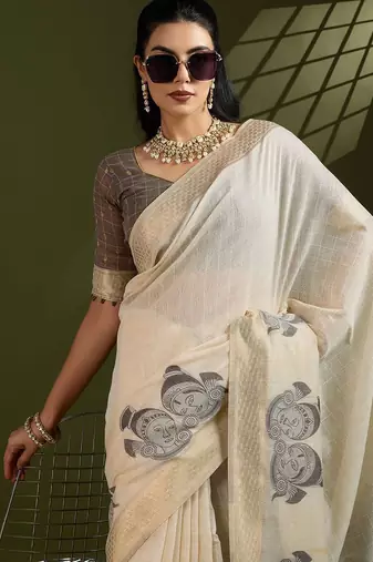 Self Checks Muga Cotton Saree with Kalamkari Border and Zari Woven Detail