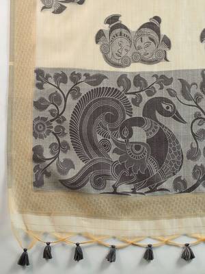 Self Checks Muga Cotton Saree with Kalamkari Border and Zari Woven Detail 6