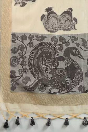 Self Checks Muga Cotton Saree with Kalamkari Border and Zari Woven Detail