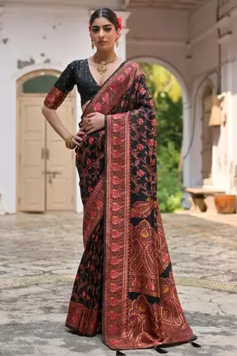 Floral Woven Design Zari Border Pashmina Silk Saree