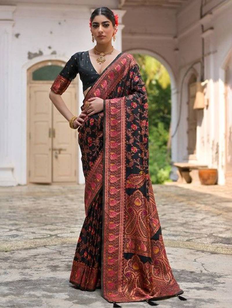 Floral Woven Design Zari Border Pashmina Silk Saree