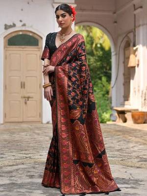 Floral Woven Design Zari Border Pashmina Silk Saree 2