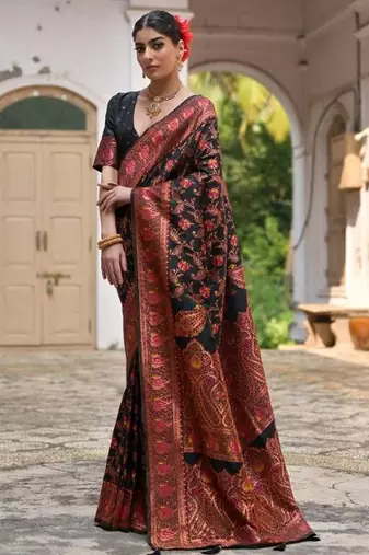 Floral Woven Design Zari Border Pashmina Silk Saree